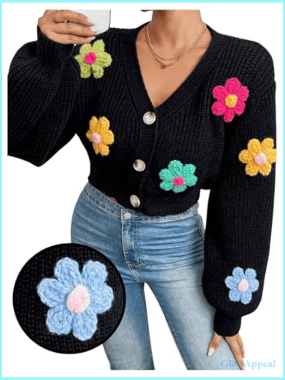 Button Down Lantern Sleeve V Neck Knitted Cropped Cardigan Sweater - Picture 4 of 6